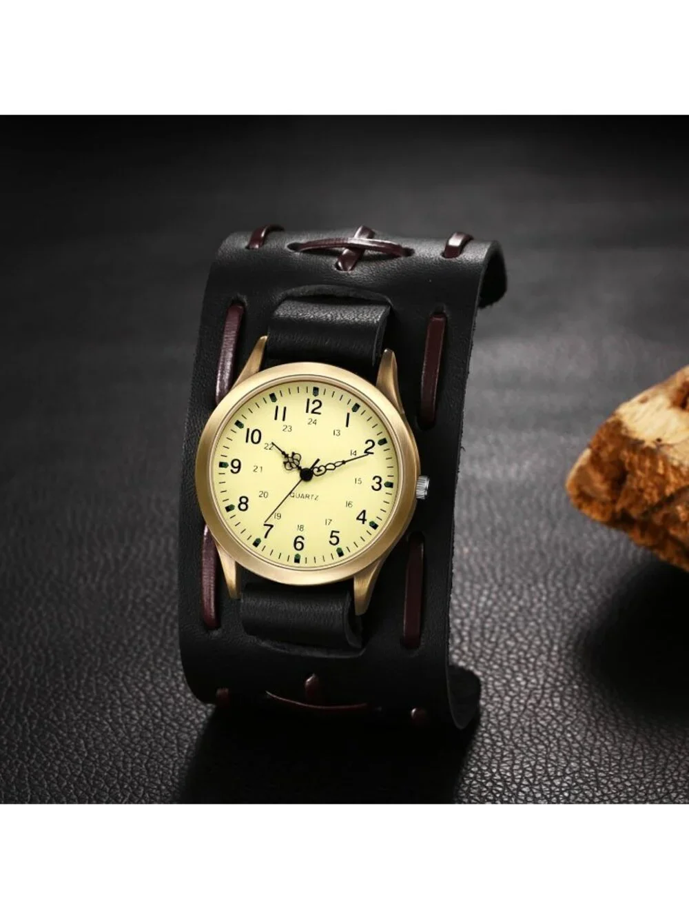 Unisex Black Analog Quartz Arabic Numerals Leather Strap Vintage Wrist Watch